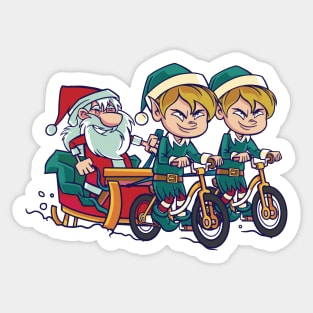 Funny Cartoon Santa with His Elves on Bicycles Sticker